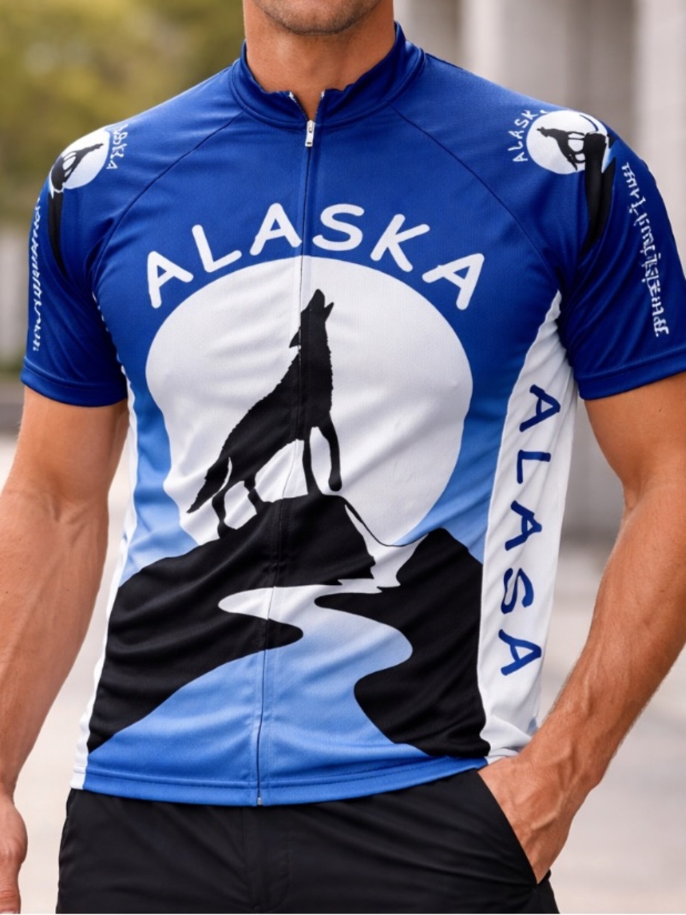 Alaska Wolf Graphic Cycling Jersey Men’s Medium Full Zip Blue & White